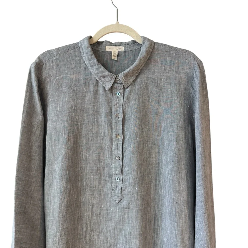 Eileen Fisher Organic Linen Tunic Popover Shirt Dress Chambray Blue‎ Size LG - Picture 5 of 12